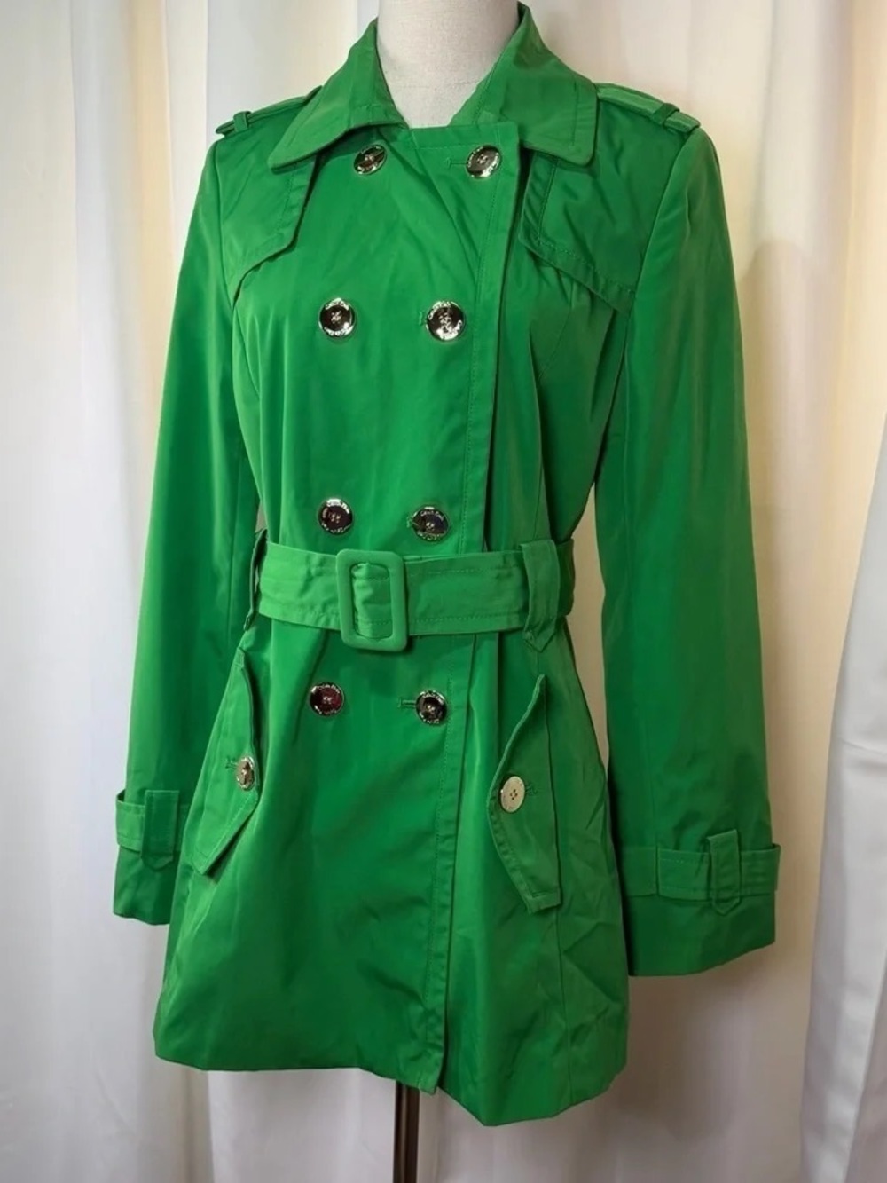 Calvin Klein Bright Green Double-Breasted Trench Coat with Belt